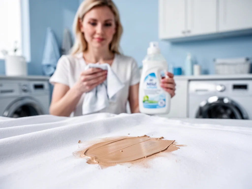Kobieta przygotowująca się do usunięcia plamy z podkładu z białej tkaniny przy użyciu delikatnego detergentu.